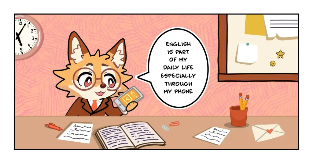 Person following a daily study routine to improve English speaking and vocabulary online.