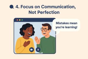 A group of students who are focusing on communication rather than perfecting it.