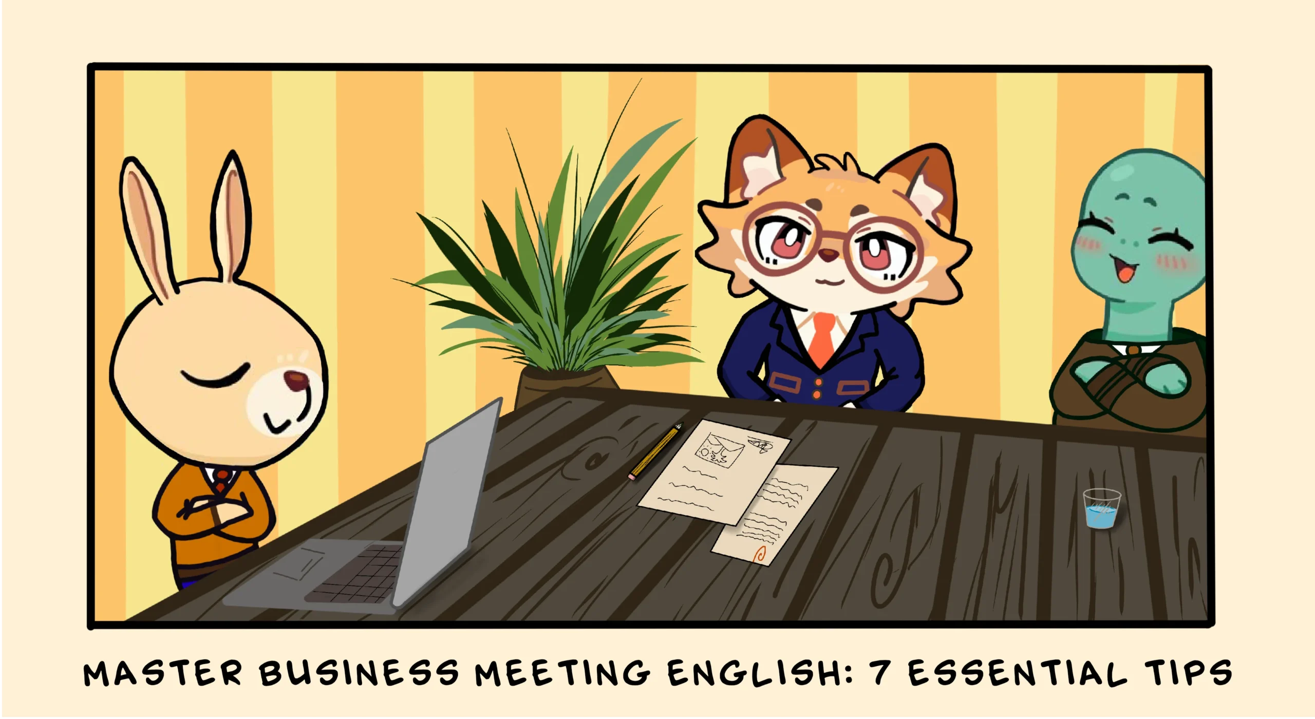 Professionals practicing business meeting English in a workplace