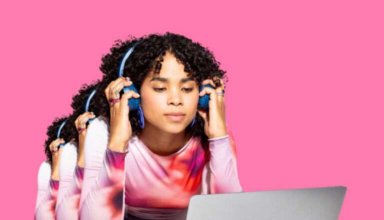 A person with curly hair and blue headphones looks intently at a laptop, exuding English-speaking confidence. The image is styled with a pink background and features a layered effect of the person in the foreground.