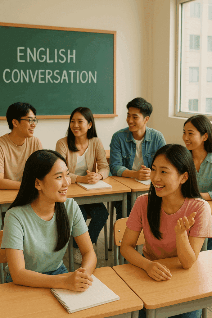 Two friends chatting over coffee and practicing daily English conversation topics to improve fluency.