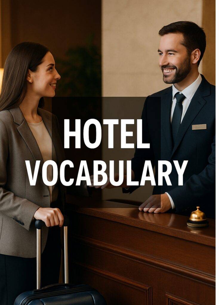 A picture of a guest check-in with :hotel vocabulary" written on it