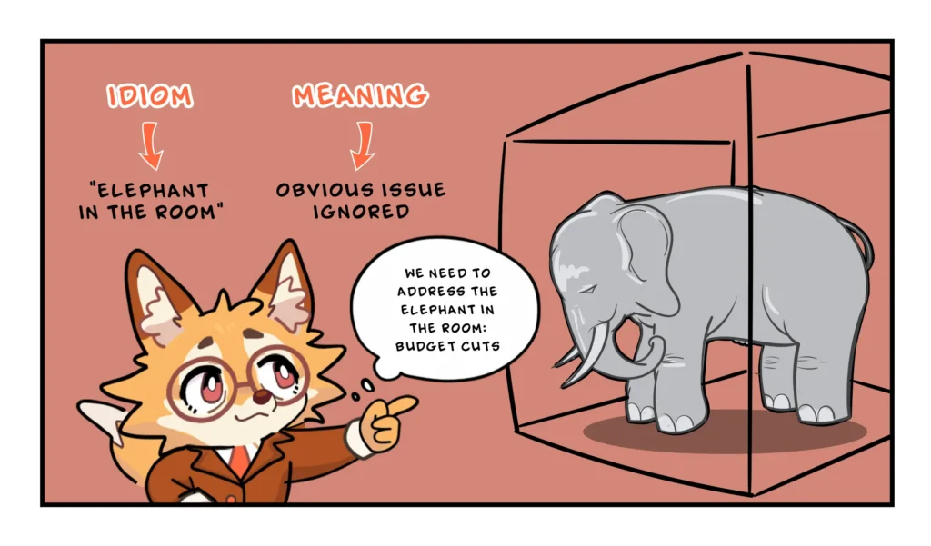 Illustration explaining the idiom "elephant in the room," one of the most common idioms with animals