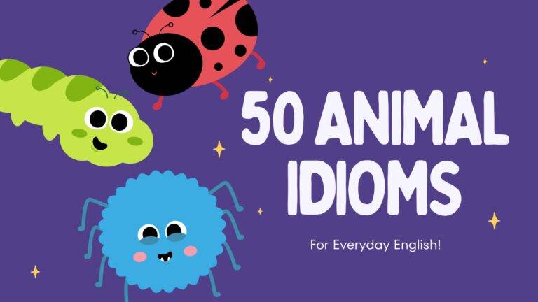 White lettering reading 50 animal idioms set against a purple background with bugs