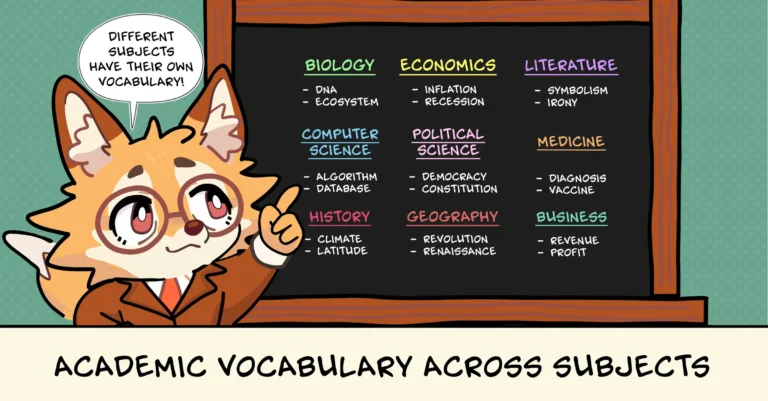 Academic vocabulary words with definitions, examples, and study tips for English learners