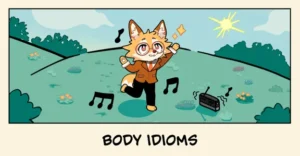 Picture of foximus dancing to a radio in an open green field.