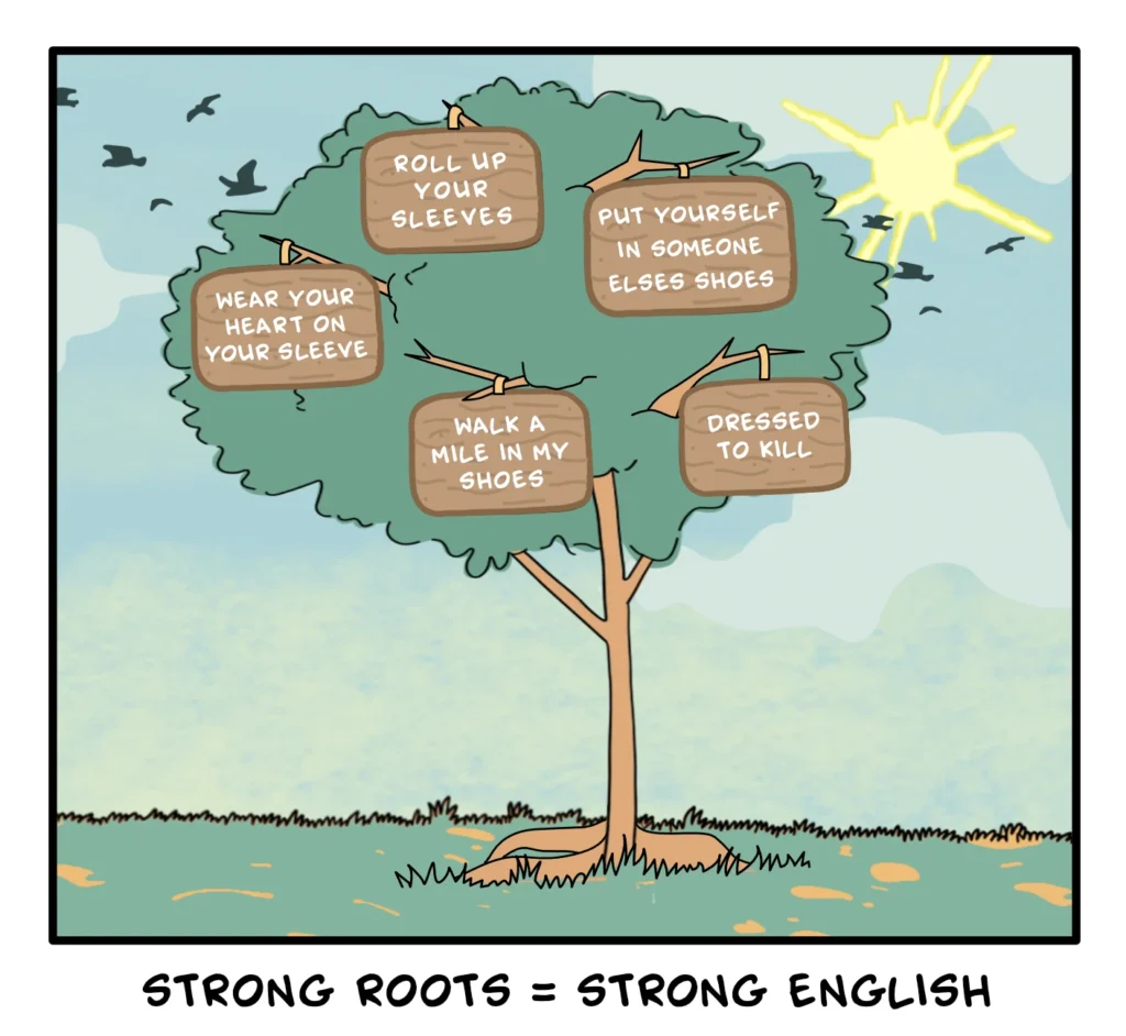 Illustration of a tree with different clothing idioms hanging off of its branches reflecting that idioms build strong language learning roots
