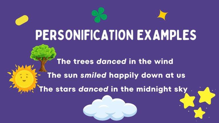 White lettering descripbing personification examples, set against a purple background with several objects