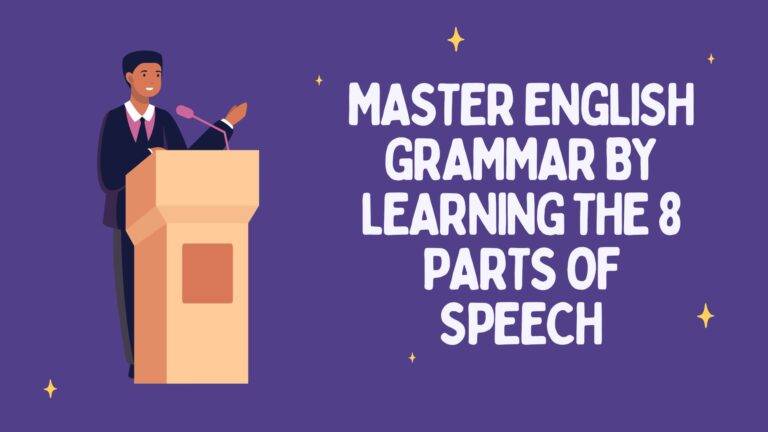 Query successful A cartoon image of a man speaking at a podium with the text "Master English Grammar by Learning the 8 Parts of Speech" next to him.