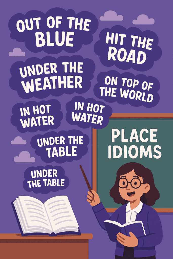 Illustration of place idioms flying out of a book for kids