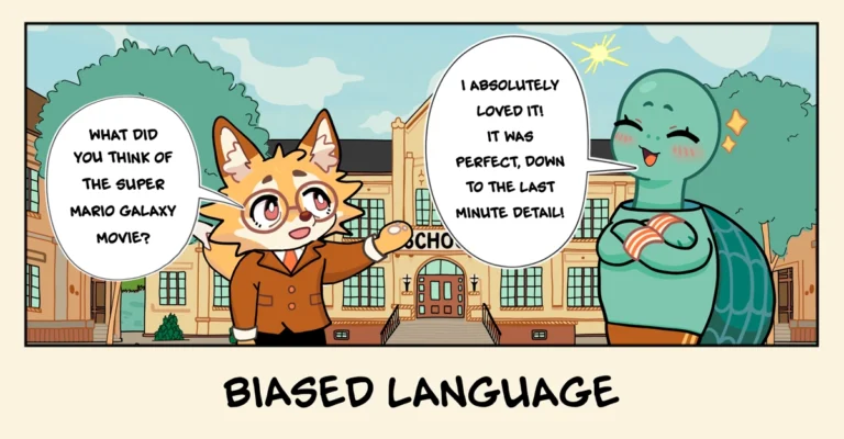Foximus and turtle having a casual conversation with biased language.