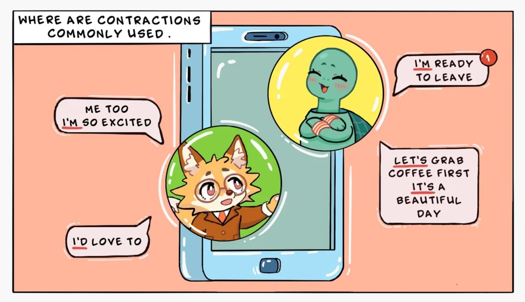 Where contraction examples are commonly used in everyday English conversations, emails, social media, and text messages