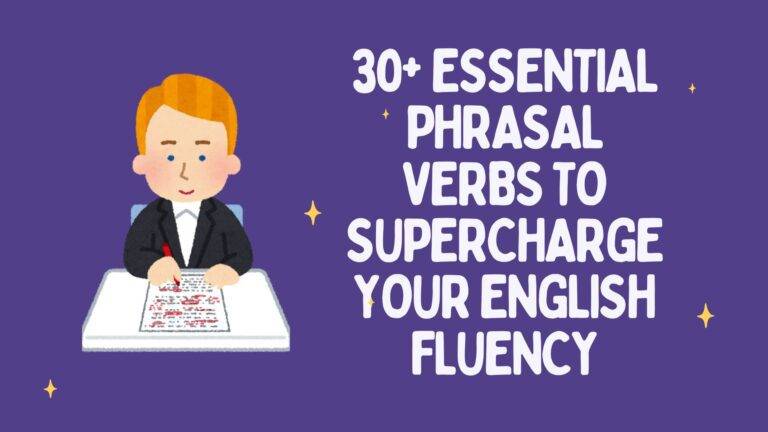 A cartoony man writing a phrasal verbs list on a purple background