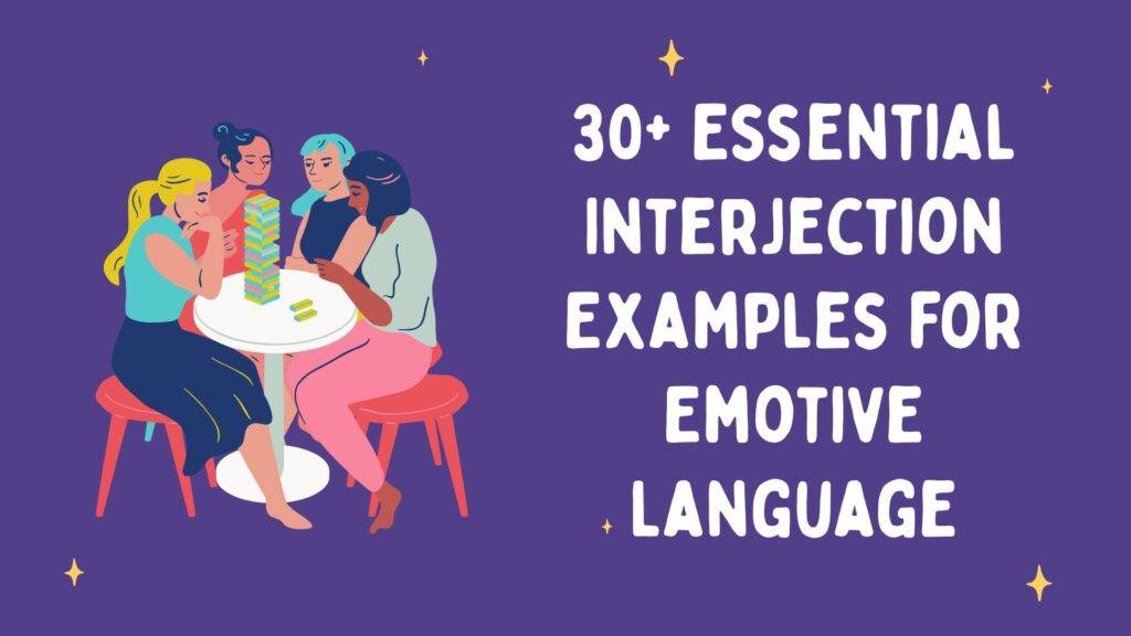 Group playing jenga with the title 30 essential interjection examples for emotive English by them