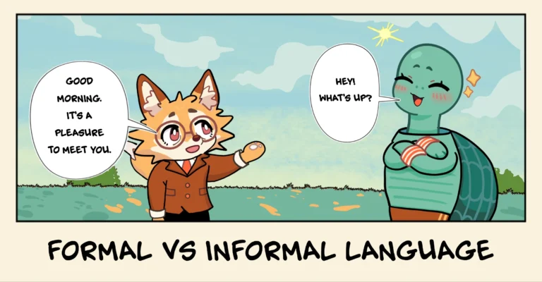 Illustration showing formal vs. informal language with business and casual communication styles.